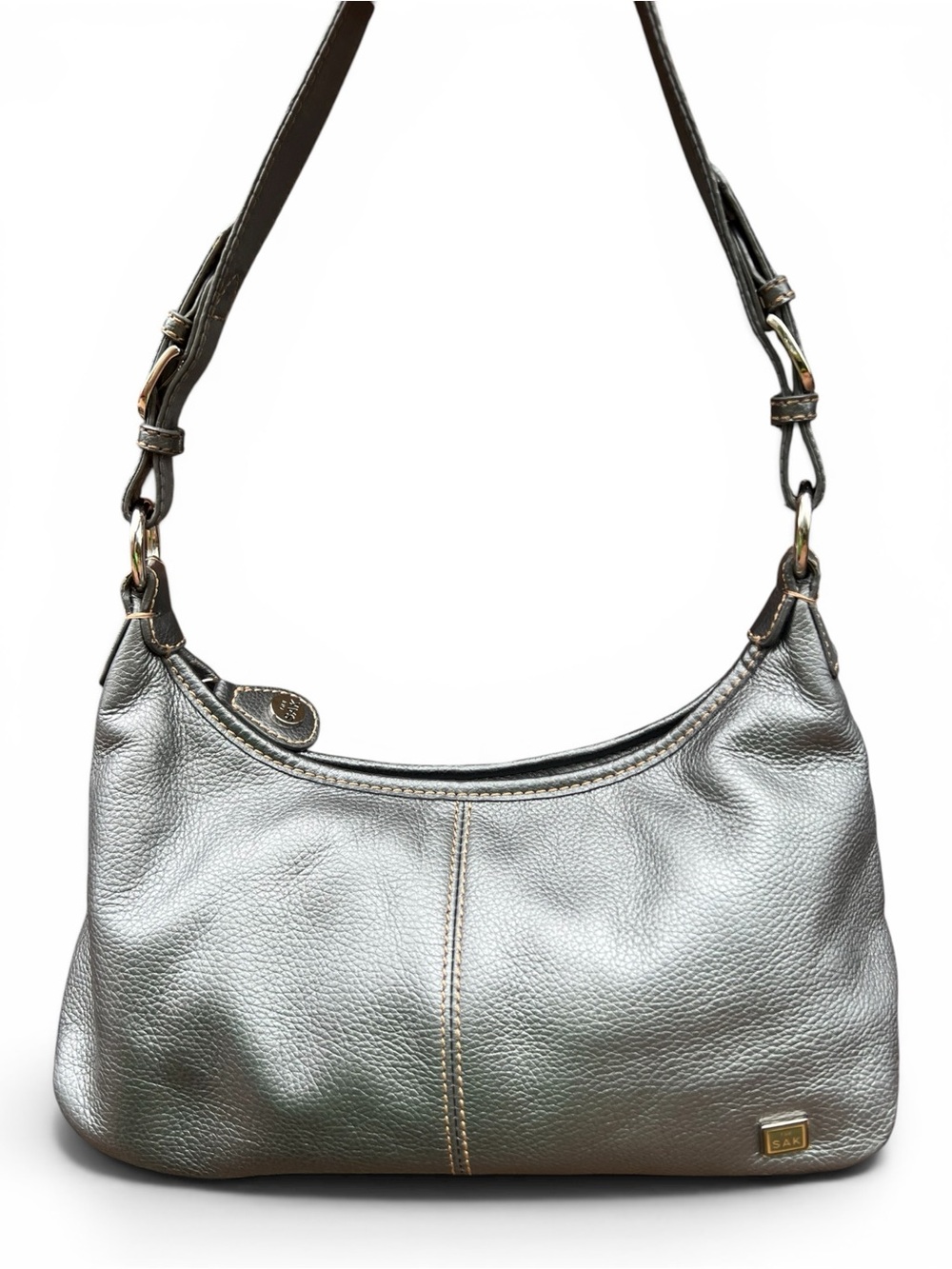 The Sak Metallic Silver Leather Shoulder Bag with Dark Brown Strap